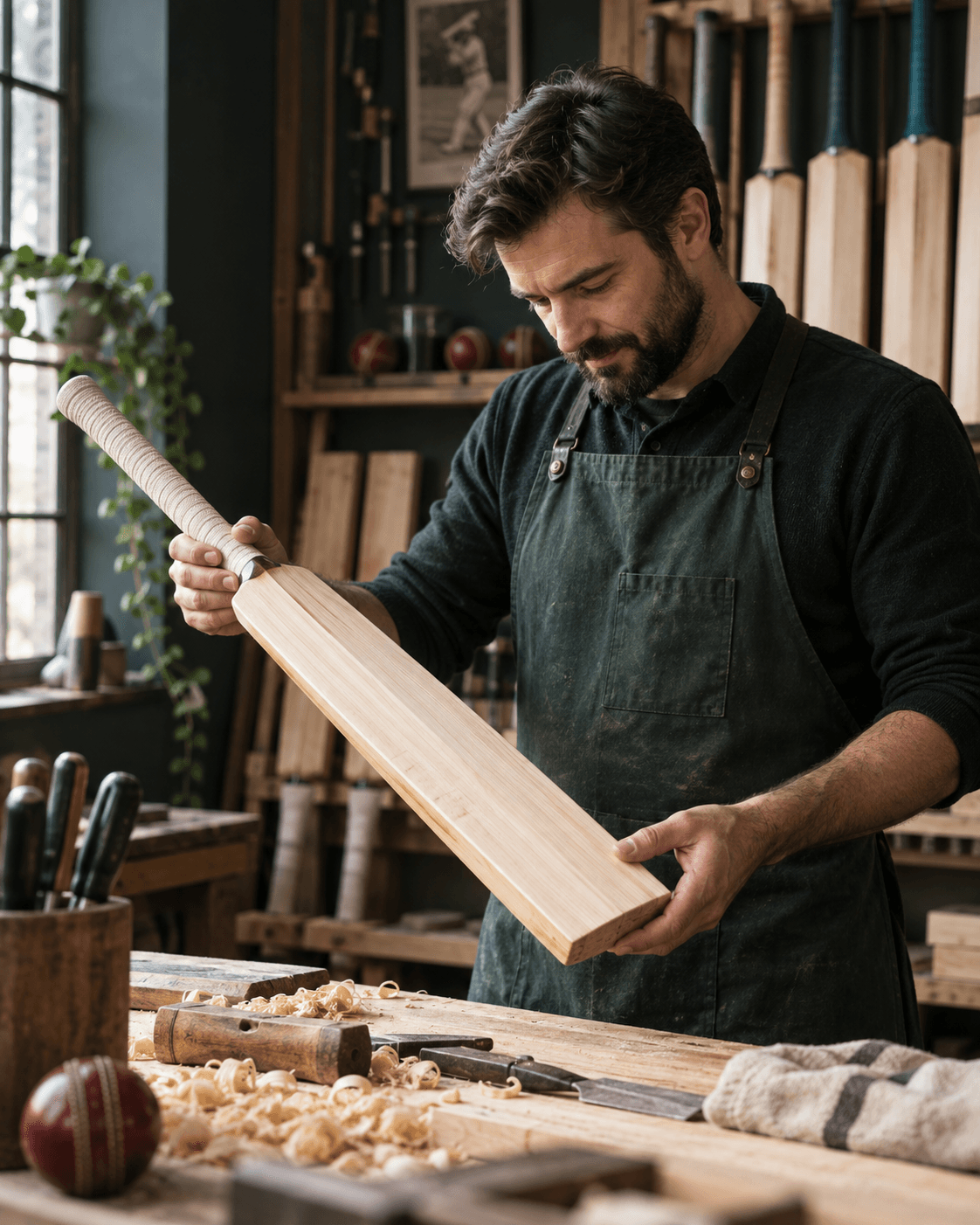 Maya's Bat Care specialist inspecting an English willow cricket bat in the workshop