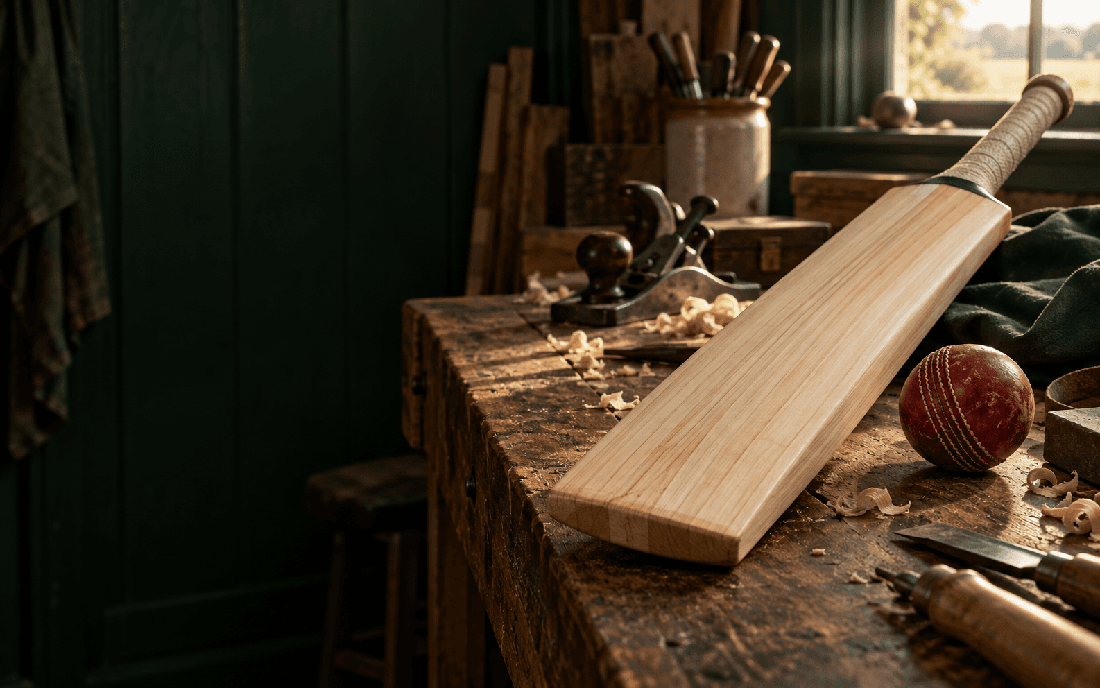English willow cricket bat on a workshop bench beside a leather ball
